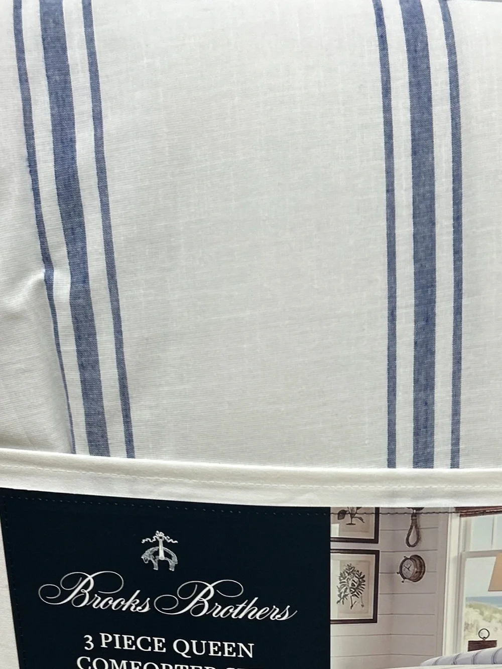 Brooks Brothers White and Blue Striped Queen Comforter Set with Ruffle Trim